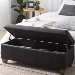 Hot Black Faux Leather Storage Bench Entryway Benches Ottomans And Poufs|Ottomans & Benches
