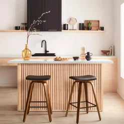 Best Faux Leather and Walnut Wood Backless Stool Furniture Accessories|Bar & Counter Stools