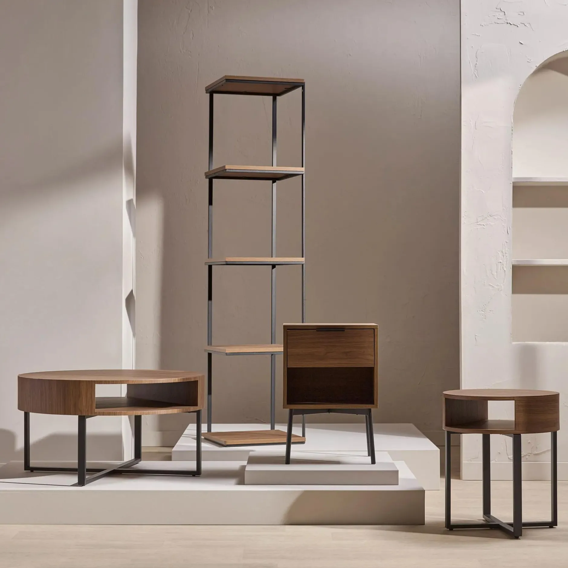 Best Metal and Walnut Veneer Round Coffee Table Coffee Tables|Coffee Tables & Side Tables