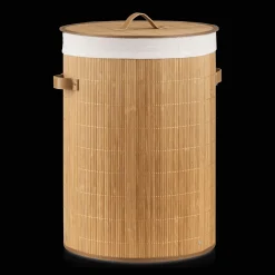 Discount Round Bamboo Hamper with Lining and Faux Leather Handles Storage Baskets & Hampers|Storage & Baskets